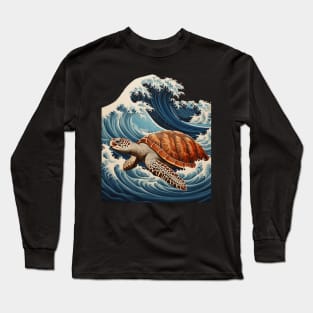 Japanese Kawaii Sea Turtle Great Wave Off Kanagawa Long Sleeve T-Shirt